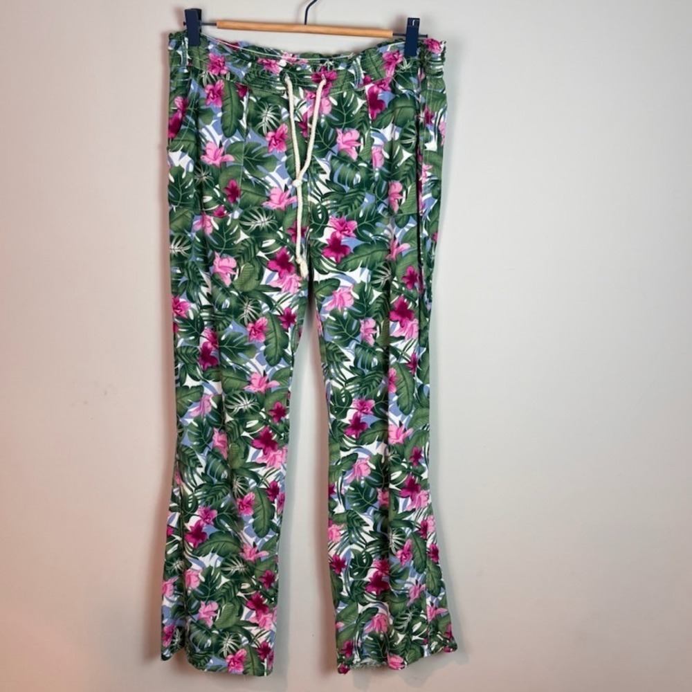 Cali 1850 Womens Floral Drawstring Linen Blend Summer Pants sz MED Lightweight